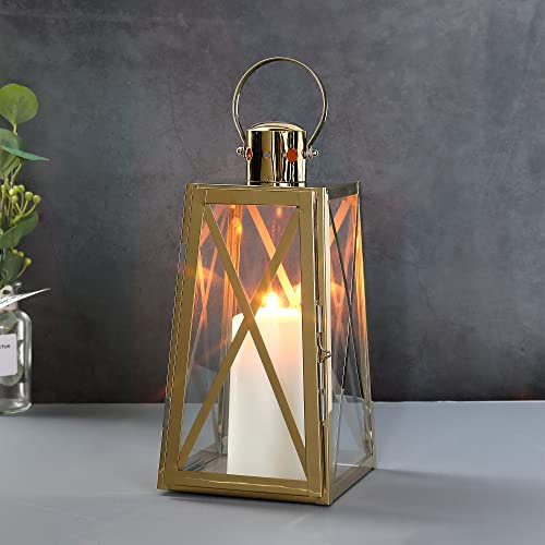 TRIROCKS Farol Decorativo de Acero Inoxidable 30cm Alto, Soporte para Vela con Vidrio Templado, Ideal para Decoración de Sala y Eventos (Dorado)