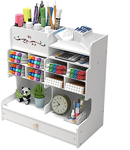 Hggzeg Weißer Schreibtisch-Organizer mit Schublade, DIY-Bleistifthalter, Schreibwaren, für Zuhause, Büro und Schule (PB18 weiß)