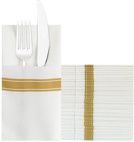 KMAKII Pocket Napkins,Disposble Cloth Like Napkins Built-in Flatware Pocket,Wedding Party Linen Feel White Napkin, Prefolded for Silverware,Pack of 50