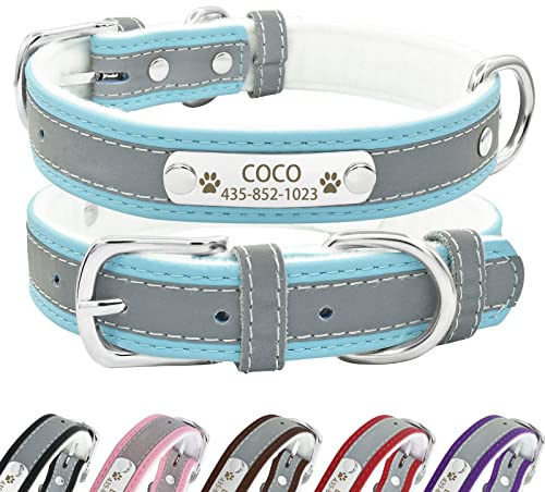 Senristar Personalisierte Reflektierende Leder Hundehalsband mit Warmem Futter, Individuelle Hundehalsband mit Namensschild Eingraviert für Kleine Mittlere und Große Hunde und Katzen