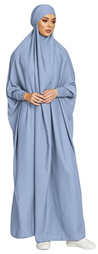 IMEKIS Damen Muslimischen Jilbab Kleid Islamischen Ramadan Gebetkleid mit Hijab Kapuze Abaya Kleid Einfarbig Lose Arabisch Khimar Kaftan Nahen Osten Dubai Türkei in voller Länge Robe Himmelblau