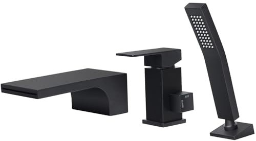 SHANFO 3 Loch Wannenrandarmatur Wasserfall, 3 Loch Badewannenarmatur mit Handbrause, Einzelgriff Wannenarmatur, Kaltes und Heißes Badarmatur Badewanne, Schwarz, 6Y3OK