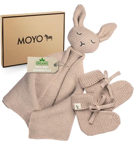 MOYO Baby Geschenk Set in Taupe I 2-teiliges Geschenkset mit gestricktem Schnuffeltuch-Hase & Schühchen I Geschenk zur Geburt für Junge & Mädchen I Babygeschenke für Neugeborene