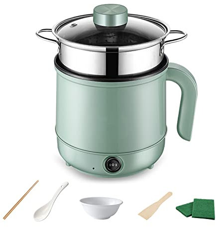 MENAYODA Mini casserole électrique 1,7 l avec cuiseur vapeur, portable, multifonctionnelle, anti-adhésive, pour Stir Fry, steak, pâtes, réchaud à ramen, dortoir (vert avec cuiseur vapeur)
