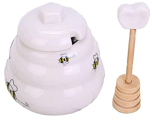 Vorratsgläser, Gewürzgläser, Bauernhaus-Keramik-Honigtopf mit Holz-Honiglöffel, Mini-Porzellan-Honigglas, Honigbehälter für Zuhause, Küche, Geschäft, Honig und Sirup, Weiß, 8,5 x 8,5 x 8 cm
