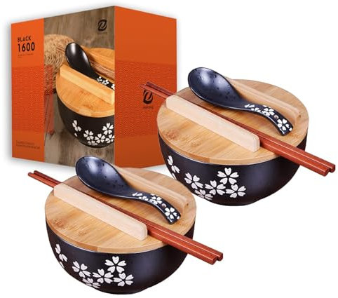 zaqiming Juego de 2 Tazón de ramen 1000ML Negro Tazón japonés de cerámica Cuencos de sopa para Udon, Soba, Hor Fun, fideos, ramen, ensaladas y sopas (2 set)
