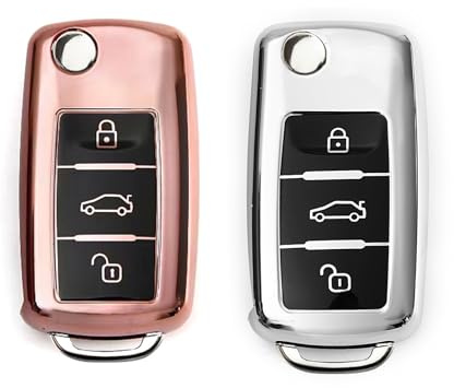 2 Stück Autoschlüssel Hülle, Schlüsselbox ,Autoschlüssel Schutzhülle kompatibel mit VW Polo, Passat, Skoda 3-Tasten Schlüsselhülle (Silber+Roségold)