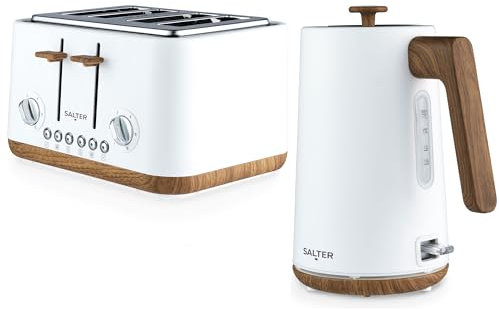 Salter COMBO-9134 Toronto Kettle and 4-Slice Toaster Set – 1.7 L Fast Boil Kettle With Limescale Filter, Wide Toasting Slots, High-Lift Eject, Wood Effect, 6 Browning Levels, 3000/1630 W, Matt White