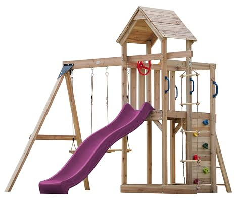 AXI Moos Aire De Jeux en Bois avec 2 Balançoires, Echelle en Corde, Toboggan Violet/Aire De Jeux Extérieur avec Balançoires/Bac À Sable/Mur d'escalade| Portique Balançoire/Jeux en Bois Extérieur