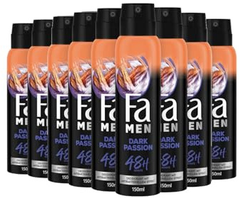 Fa Men Deodorant & Bodyspray Dark Passion (9x 150 ml), Deospray mit sinnlich-frischem Duft, Deo ohne Aluminium für bis zu 48 h Schutz, hinterlässt keine Rückstände
