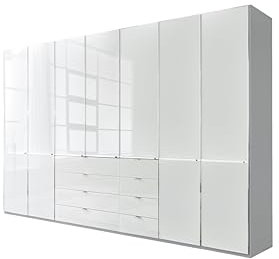 WIEMANN Drehtürenschrank mit 8 Schubkästen hochwertiger Kleiderschrank Schlafzimmerschrank 350cm breit, mit Schubladen, Glas Weiß, Höhe 216cm, Shanghai