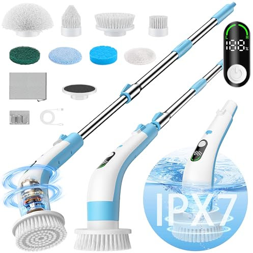Vaxbree Electric Spin Scrubber with LED Display, IPX7 Waterproof Powerful Shower Scrubber, 2H Runtime, 2 Speeds, Adjustable Handle, 8 Brush Heads for Bathtub Tile Car-Blue and White