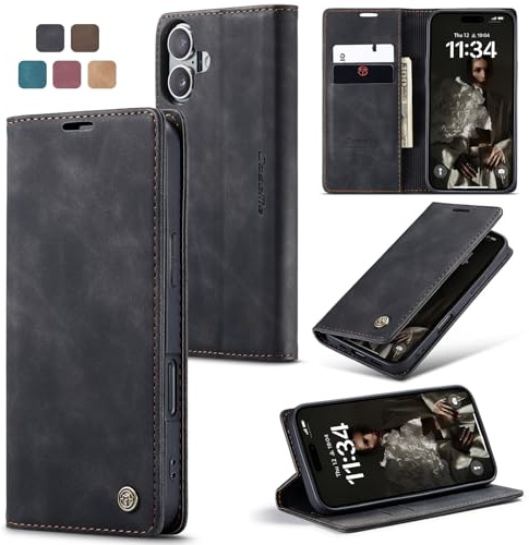 owlhold Handyhülle für iPhone 16 Hülle Premium Lederhülle Weiches Vintage-Nubukleder Faltbare Ständer Schutzhülle Kartenfach Standfunktion stoßfest klapphülle iPhone 16 -Schwarz