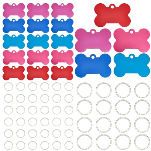 SOFPLATE 1 Box 40 Stück 5 Farben 38mm Hundeknochen Anhänger Metall Stanzrohlinge Mit Eisenringen Bunt Aluminium Für Hunde Katzen Haustiere Gravierter Name Blanker Anhänger Zum Gravieren von Haustier