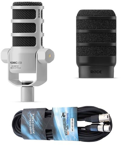 Rode Podmic USB XLR Dynamisches Sprecher-Mikrofon Weiss mit WS14 Popschutz Schwarz und keepdrum XLR-Kabel