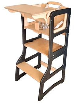 Dunorm - Montessori-Lernturm für Kinder | Umwandelbarer Helferhocker | Handgefertigt | Mit Hochstuhl-Rutsche Option | Für Küche & Alltag (Schwarz, mit Hochstuhl)