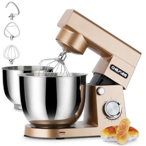 CHeflee Küchenmaschine 1500W Teigkneter mit 4,5 und 5,5L Edelstahlschüssel,10+P Geschwindigkeit Küchenmixer mit Rührhaken, Knethaken, Schneebesen und Spritzschutz （Gold）