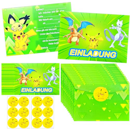 12 Stück Kindergeburtstag Einladungskarten Set - Cartoon Anime Design mit passenden Umschlägen & Themen Aufklebern - Komplett-Set für bunte Motto-Party, Deutsche Gästeeinladung für Jungen Mädchen