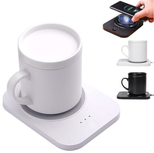 Tea Warmer Set, Smart Heated Mug Kit with Wireless Charger, Heated Coffee Mug Rechargeable, Self Heating Coffee Mug, Electric Coffee Warmer with Mug Set (White)