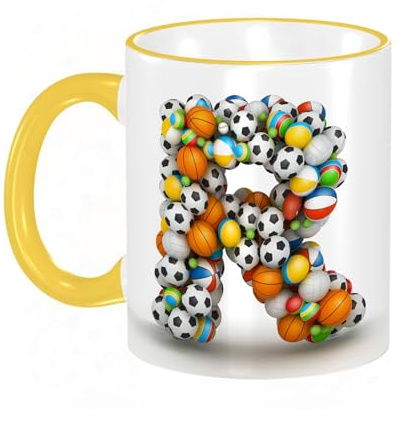 YOIUE Copa de cerámica interesante 11OZ tazas 330 ml - Regalo original y divertido Exquisita taza de impresión Decora tu taza,Letra R, balones de voleibol, baloncesto y fútbol de aspecto realista