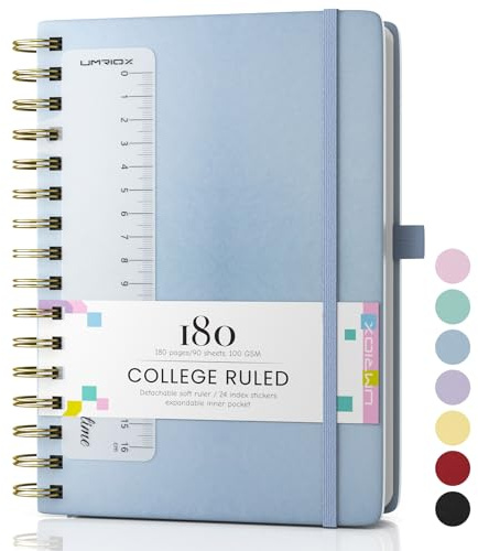 Notizbuch A5 Spiral,Journal mit 100gsm 180 Seiten Tintenfestes Papier-Blau | Doppelspirale,Leder mit Lineal,Erweiterbare Taschen,Elastische Bänd,für Frauen Männer Arbeit Schule Reisen,14.5 x 21 cm