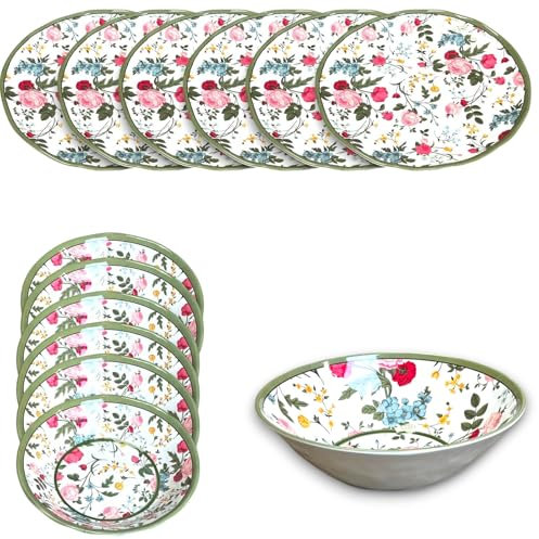 KORAT Set 13 Piatti in Melamina Effetto Porcellana 6 Piatti Piani, 6 Piatti Fondi 1 Insalatiera Grande Design Floreale Elegante con Bordo Verde Infrangibili, Plastica Resistente, Piatti Riutilizzabili