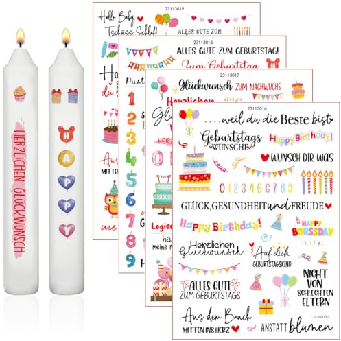GGUFAY Geburtstag kerzenfolie Kerzentattoo Wassertransferdruck,wasserschiebefolie kerzen,Kerzenaufkleber Sticker für Kerze Tasse DIY Geschenk,Happy Birthday, Kerzen Dekorieren, Kerzensprüche, 4 Stück
