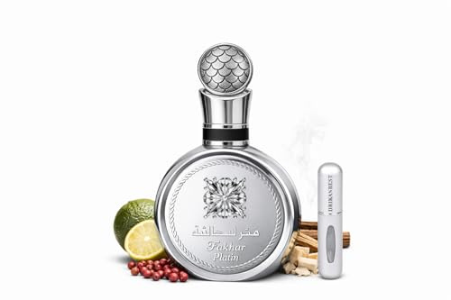 Fakhar Platin Eau de Parfum 100ml – Perfume Árabe Hombre Fresco Especiado Amaderado, Larga Duración, con Bergamota, Jengibre y Sándalo + Atomizador Drikanbest 5ML Gratis
