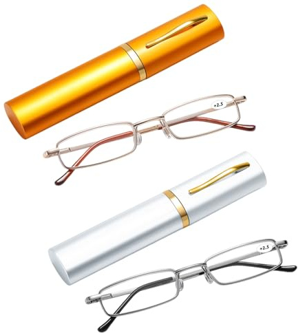 Zyiphor 2er Pack Tragbare Metall Lesebrille Damen und Herren Mini Kompakt Lesehilfe Brille aus Metallrahmen Flexibel Leicht Sehhilfe Schmal Metallbrille mit Brillenetui +2.5