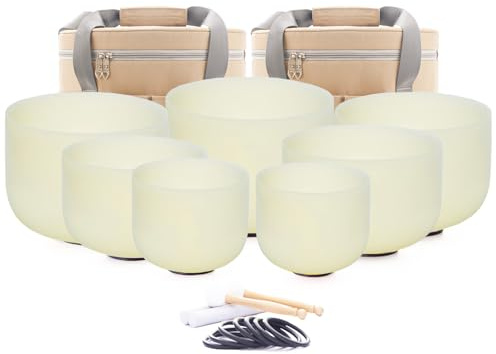 Hye-eun Kristall Klangschale Set 432 Hz, 7-pcs 7zoll-12zoll Gelb Quarzkristall Crystal Singing Bowl Sound Healing mit Tragetasche, für Meditation Yoga Entspannung Stressabbau