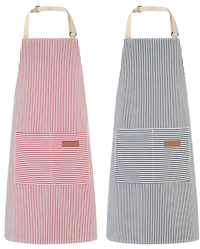 saerryor 2 Pack Unisex Adjustable Bib Apron with Pockets Blue Pink