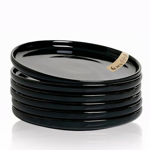 Ceramic Appetizer Plates Set of 6,Black Dessert Plates 8 Inch,Small Dinner Plates,Modern Round Salad Plates,Porcelain Serving Dishes for Pasta,Snack,Bread,Dessert,Sushi Microwave & Dishwasher Safe