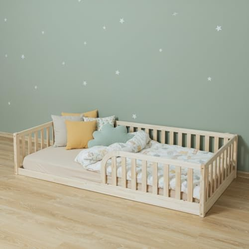 Mandrele Milava Montessori Bett 140x200 cm aus Kiefernholz, Bodenbett mit Lattenrost und 40 cm Rausfallschutz, Einstieg Links oder Rechts Montierbar, Natur