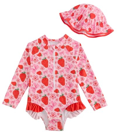 WYTbaby Ropa UV para bebé y niña, de manga larga, traje de baño de una pieza para bebé con sombrero, traje de baño UV para niñas de 3 meses a 3 años