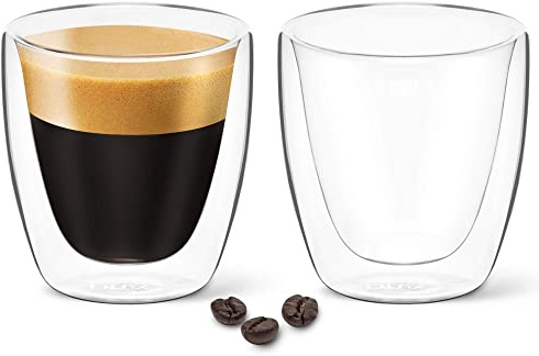 DLux Espresso Coffee Cups, Double Wall Clear Glass, Insulated Borosilicate Glassware Tea Cup, 2 pcs, 90 ml