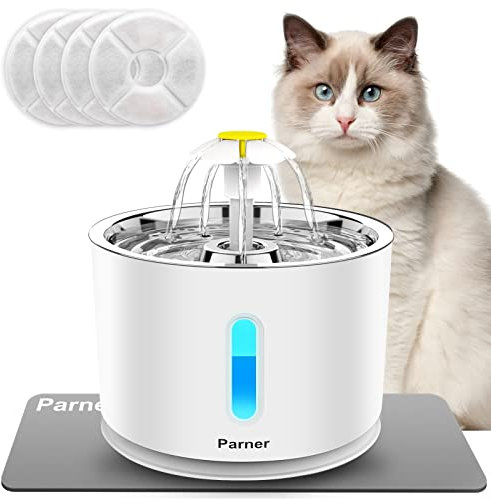 Parner Cat Water Fountain, 2.4 L Water Dispenser for Cats with LED Water Level Window, Pet Drinking Fountain Stainless Steel with 4 Pcs Filter & 1 Silicone Mat, Drinking Water Bowl for Multiple Pets