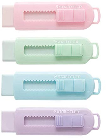 Staedtler Sliding Retractable Pencil Eraser with Plastic Sleeve, Assorted Soft Pastel Color 4 Pack