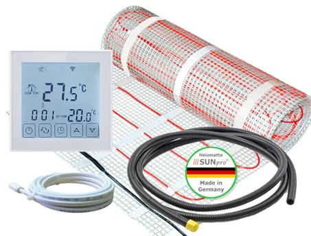 ew direkt Komplett-Set elektrische Fußbodenheizung SunPro 160 für Fliesen, Naturstein mit Thermostat RT-60 Wlan (8 m² - 0,5 x 16 m)