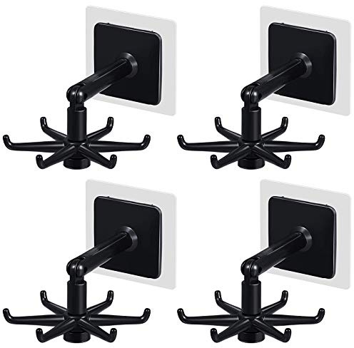365Home Hanging Utensil Holder Hooks Kitchen Utensil Hanger Wall Mount 360 Degrees Rotating Folding Hook Self Adhesive Hook Utensil Rack with 6 Hooks for Kitchen Bathroom Cabinet (4 Black)