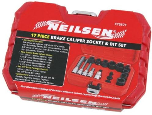 Neilsen CT5571-17pc Brake Calliper Socket & Bit Set | Impact Hex Bits 1/4 & 3/8 | Pentagon 1/2 Bit & Sockets | Ideal for disassembling Brake Calliper | Compatible with Audi, Compatible with Porsche