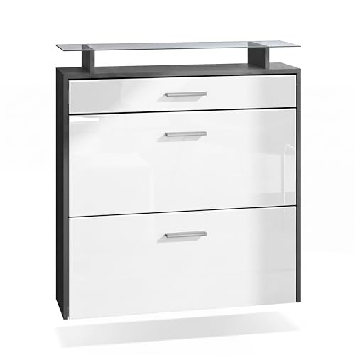 Vladon Schuhschrank Malea, Anthrazit matt/Weiß Hochglanz - hängender Schuhkipper für 16 Paar Schuhe (89 x 96 x 23 cm)