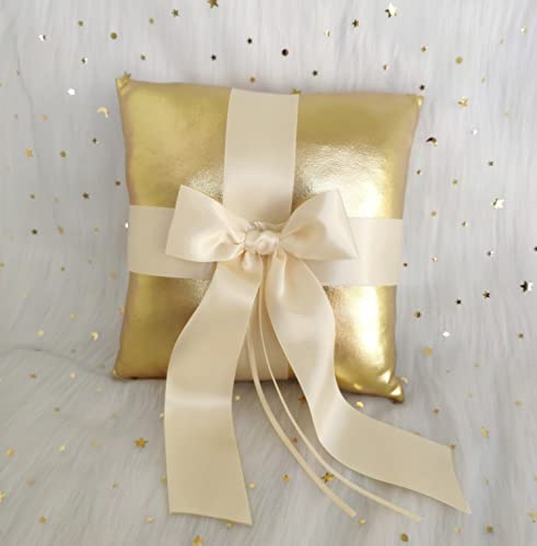 Uwedding Gold Wedding Ring Pillow Cushion Bearer with Champagne Ribbon Bow Décor Wedding Ceremony Anniversary Vow Renewal Party Favor-Gold & Beige Pillow