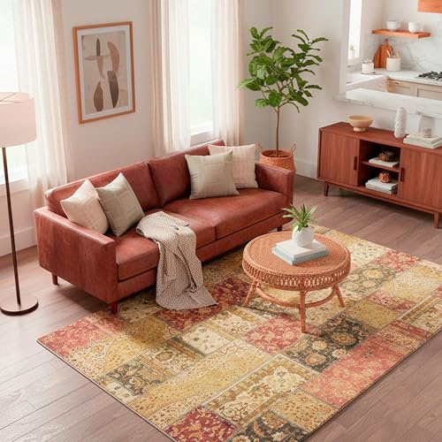 Kelim Patchwork Teppich Rot 120 X 160 cm - Maschinenwaschbar - Moderner Kurzflor Wohnzimmer Teppich - Super Soft