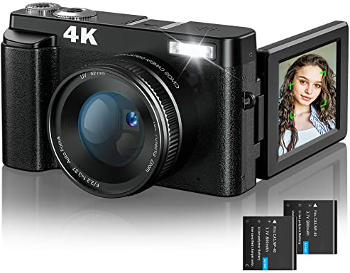 4K Cámara Digital Videocámara Autofocus 48MP Camcorder Vlog con 3 IPS Pantalla 180° Rotativo Flash Cámara Lenta Time-Lapse Anti-Sacudidas y Cámaras Web Cámara Digital Compacta para Estudiantes