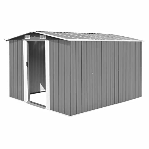 ZEYUAN Garden Shed 257x298x178 cm Metal Grey,Garden Shed, Metal Shed Tool Storage House with Floor Foundation and Lockable Double Doors
