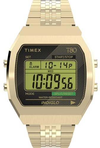 Timex Unisex T80 36 mm Watch - Gold-Tone Stainless Steel Band Digital Dial Gold-Tone Case TW2V74300