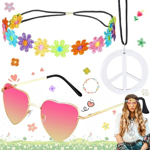 WiDream H-ippie Kostüm, H-ippie Kostüm Damen, Hip-pie Accessoires, Hippie Haarband, Vintage Hippie Brille Im Stil 60er 70er Jahre, Boho Stirnband Blume Stirnband Friedenszeichen Halskette