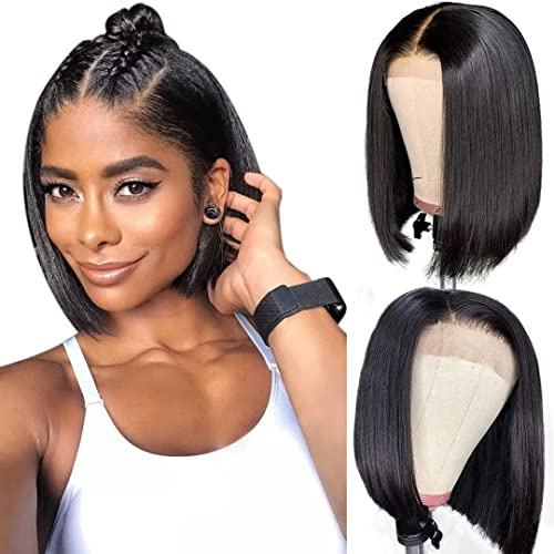 4X4 Bob Human Hair Wig 100% Echthaar Perücke Straight Lace Front Wigs Glueless Wig Human Hair Perücke Damen Echthaar for Black Women 180% Density (4x4 bob, 10Zoll (26cm))
