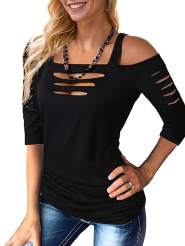 Bellelily Womens Sexy Tops Cut Out Cold Shoulder Half Sleeve Shirts Square Neck Hollow Out Ruched Concert Rock Tee Blouse, Black, XL
