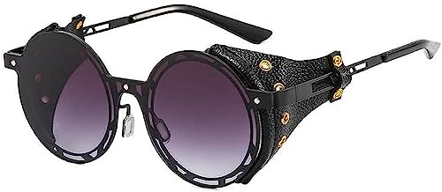 Vagbalena Hombres mujeres redondas polarizadas retro steampunk gafas de sol de metal gafas de sol de moda de cuero con panel lateral estilo gótico gafas de sol redondas